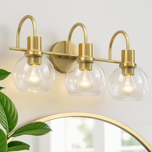 Bathroom Light Fixtures,Gold Vanity Light 3 Light Wall Sconces, Brushed Brass Lighting with Clear Glass Shades, Wall Mounted Mirror Lights for Kitchen, Bedroom, Hallway