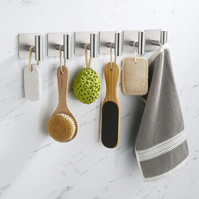 Towel Hook 6 Pack Adhesive Bathroom Robe Hooks, Sticky Coat Hooks for Hanging, Closet, Coat Hook SUS304 Stainless Steel Brushed, BTH7204-2-P6