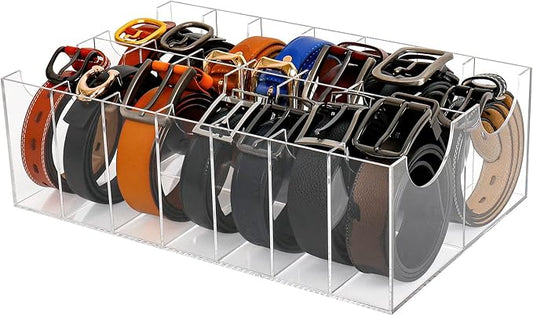 Acrylic Belt Organizer - 14 Compartment Clear Display Case for Closet and Drawer