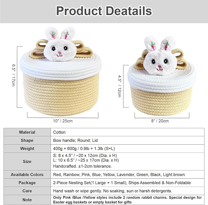 Cute Storage Baskets with Lids, Small Round Woven Rope Basket with Lid, Small Toy Box for Kids, Cat or Dog, Cute Basket for Gift, Toy or Home Decor, Chic Bow Handle (yellow)