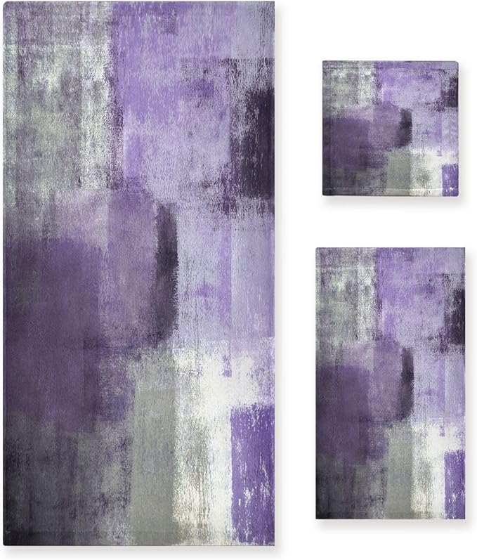 Purple Grey Art Bath Towel Set, 3 Piece Modern Decorative Absorbent Microfiber Set (1 Bath, 1 Hand, 1 Washcloth) for Fingertip, Hair, Face