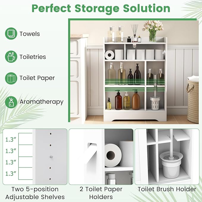 Giantex Bathroom Storage Cabinet, Slim Floor Cabinet w/2 Sliding Doors & Adjustable Shelves, Next to Toilet Storage Organizer w/Toilet Paper Holders & Brush Compartment for Small Space (White)
