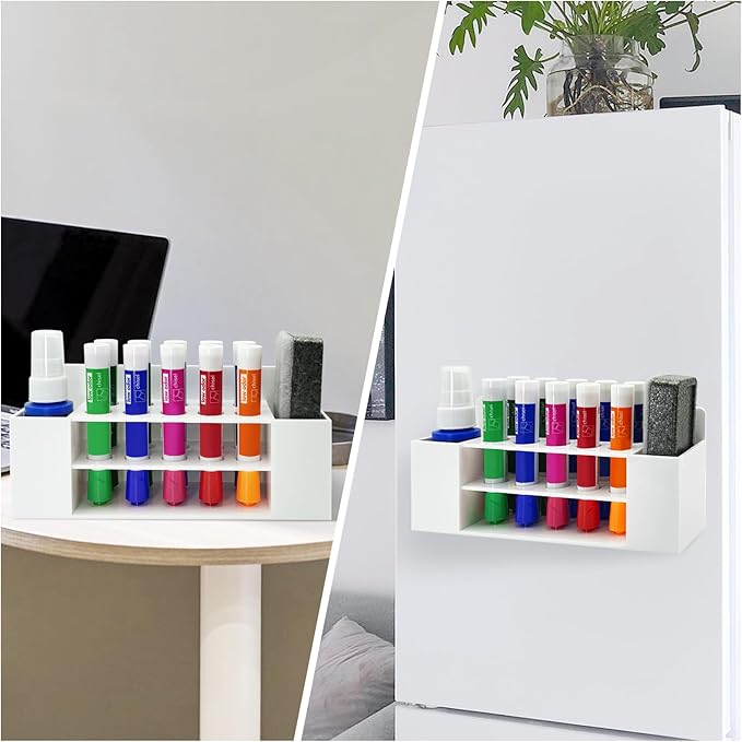 Acrylic Magnetic Dry Erase Marker Holder, 10 Slots White Magnetic Marker Pen Holder, Magnet Storage for Whiteboard Office, School, Home, Pen,Eraser,Cleaner Not Included