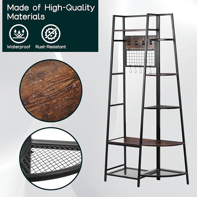 DOEWORKS Entryway Hall Tree with Storage Shelves, Freestanding Industrial Storage Rack Organizer Tower with Hooks, Rustic Brown