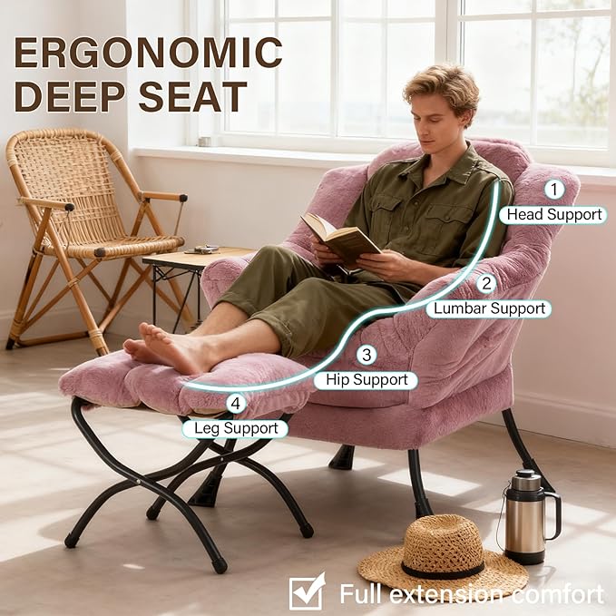 Welnow Lazy Chair with Ottoman, Modern Lounge Accent Chair with Armrests and a Side Pocket, Leisure Sofa Armchair Set, Reading Armchair with Footrest for Small Space, Plush Purple