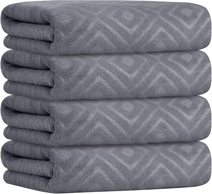 Towels, Pack of 4 Extra Large Bath Towel (30" x 60") - Absorbent Microfiber Bathroom Towels for Body, Adult, Hair, Yoga, Swimming, Grey Diamond Embossed
