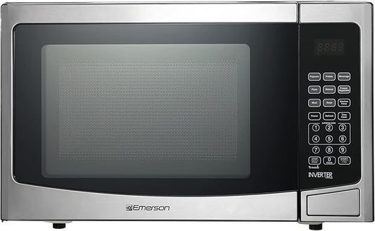 Emerson 1.2 Cu. Ft. Microwave Oven with Inverter, Timer & LED Display, 1000W, 10 Power Levels, 8 Pre-Programmed Settings, Removable Glass Turntable with Child Safe Lock, MWI1212SS, Stainless Steel