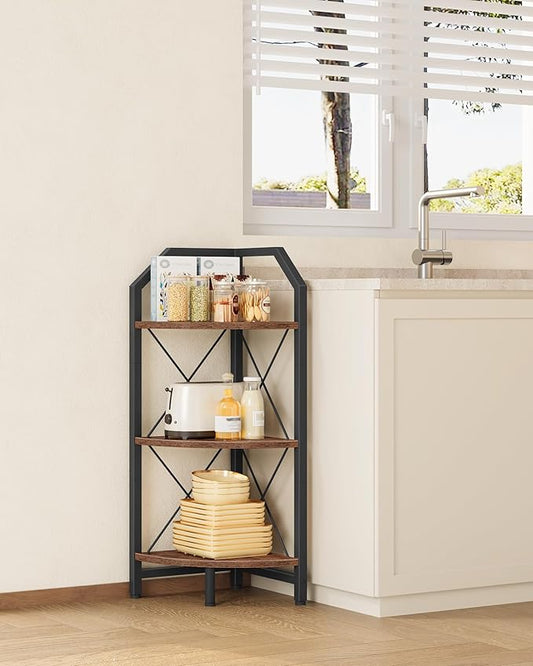 3-Tier Corner Shelf, Industrial Corner Bookshelf, 35.4" Storage Stand, Plant Stand Display Shelf, Bookcase for Bedroom, Living Room, Home Office, Rustic Brown and Black TCJ03BF