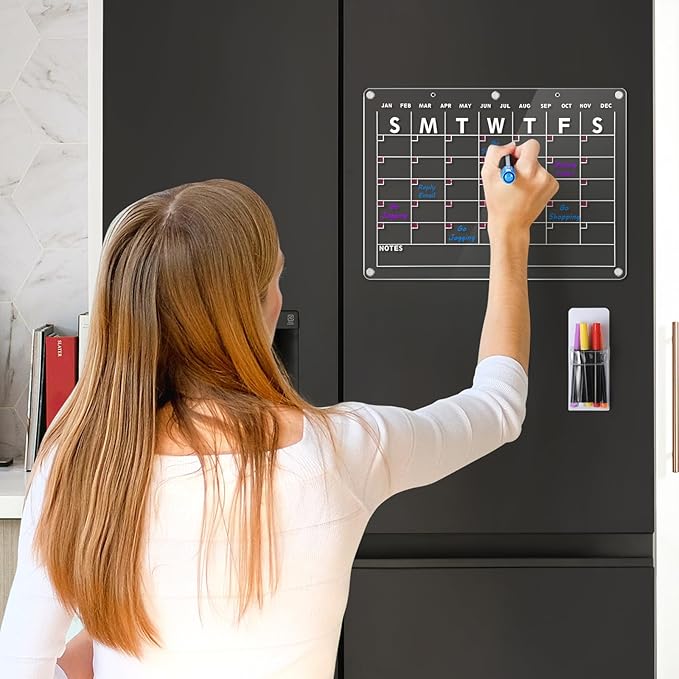 Acrylic Magnetic Dry Erase Board Calendar for Fridge, 16.5"x12" Inch Clear Dry Erase Calendar for Refrigerator, Magnetic Planning Calendars Includes 6 Colors Markers and Magnet Pen Holder