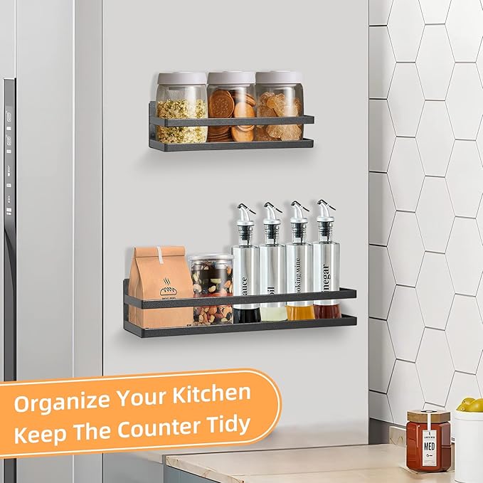 Uten Large Spice Rack for Refrigerator, 2 Pack Strong Magnetic Shelves, Moveable Fridge Organizer for Kitchen Holding Spices, Jars
