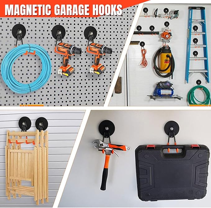 Magnetic Hooks 4 Pack, Large Strong Magnetic Hooks Heavy Duty with Anti-Slip Coating, Garage Magnet Hooks for Hanging Garden Tools,Drills,Hoses. Ideal for Metal Cabinet,Tool Cart,Workshop