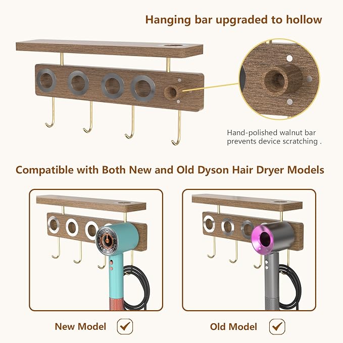 Affogato Hair Dryer Holder Wall Mount Compatible with Dyson Supersonic, Blow Dryer Accessories and Attachments Organizer Storage Rack, Wood