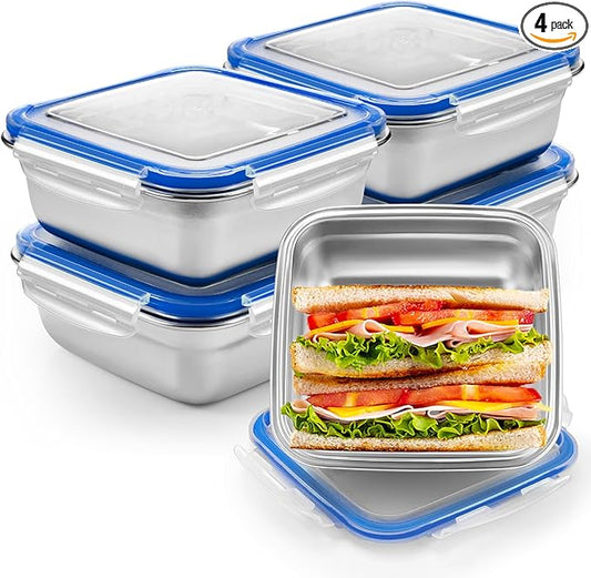 4 Pack Stainless Steel Sandwich Containers with Lids 25.4 oz Metal Food Container for Lunch Boxes with Airtight Silicone Seal for Sandwiches and Snacks(Blue)