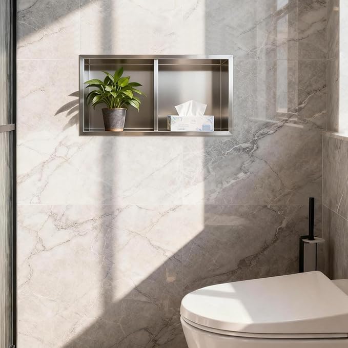 EasyVibe 304 Stainless Steel Shower Niche 24 x 12 Inch, No Tile Needed 2-Tier Recessed Bathroom Shelf Wall Insert, Waterproof Metal Bathroom Shelf Storage Organizer, Brushed Finish, Sliver