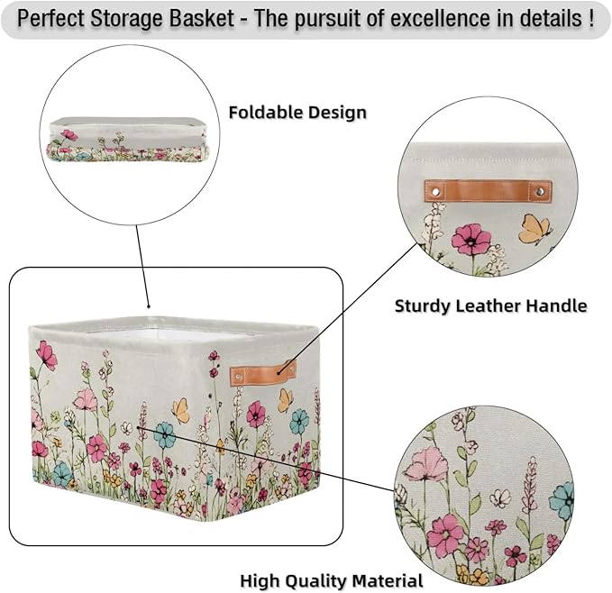 Rectangle Storage Baskets for Organizing - Foldable Storage Bin Cubes with Handles, Large Organizer Bins Boxes Toy Closet Shelf Nursery Laundry Basket, 1 Pcs(Wildflowers Floral)
