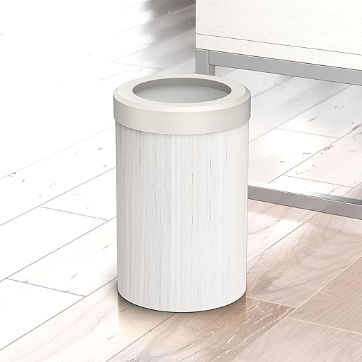 Gatco Small Bathroom Trash Can with Lid, Round 3 Gallon Wastebasket, Under Sink, White Oak with Matte White, for Bathroom, Bedroom, Office (1932W)