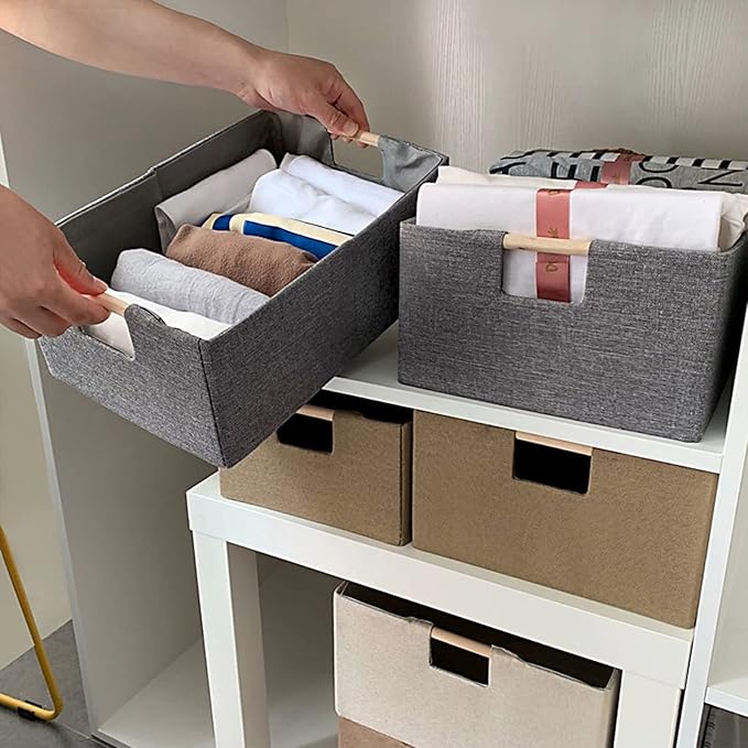ANMINY 4PCS Storage Baskets for Organizing Collapsible Fabric Storage Bins Boxes with Wood Handles Closet Shelves Cube Organizer Bins Clothes Laundry Storage Container - Small, Gray