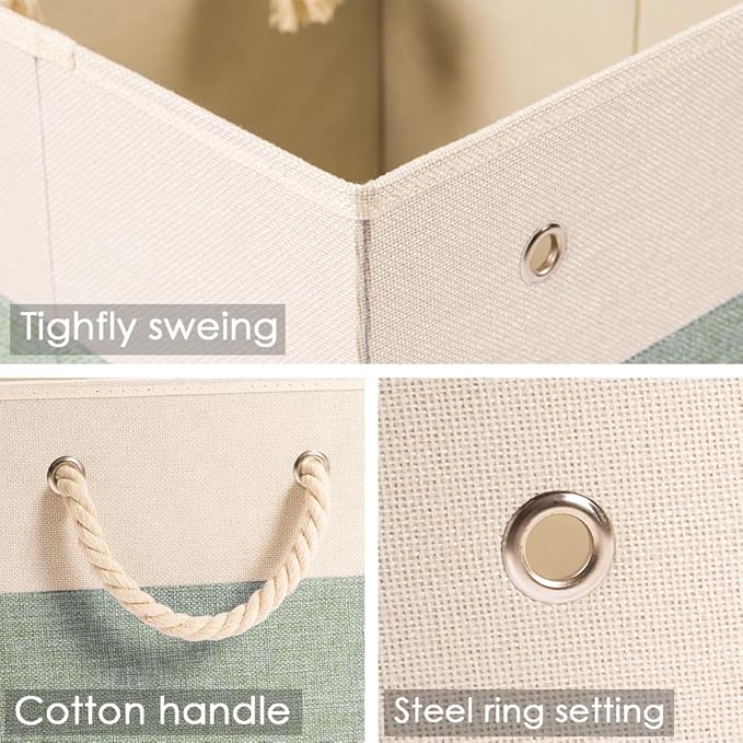 PRANDOM Large Foldable Cube Storage Bins 11x11 inch [2-Pack] Fabric Linen Storage Baskets Cubes Drawer with Cotton Handles Organizer for Shelves Nursery Closet Bedroom Beige/Green