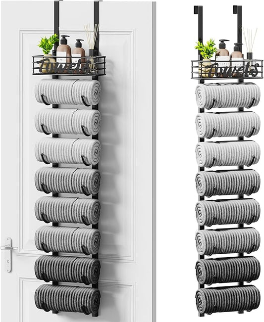 SWTYMIKI Hanging Towel Racks for Bathroom - 9 Tier Over The Door & Wall Mounted Bath Rolled Towel Storage Organizer Holder for Small Bathroom, RV, Camper, Black (Patented)