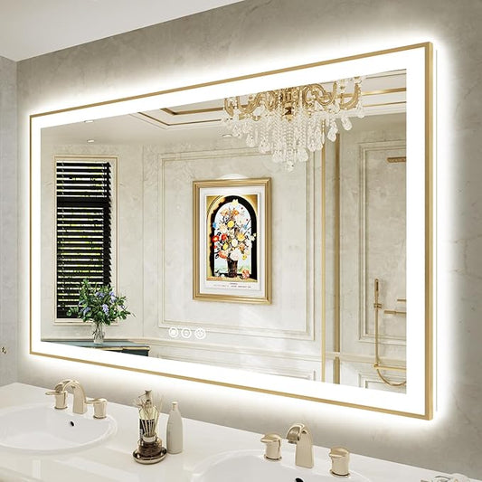 60x38 Inch LED Bathroom Mirror with Lights (Front Lit and Backlit) Gold Framed Lighted Vanity Mirror for Bathroom Wall Dimmable Anti-Fog Memory Tempered Glass Horizontal/Vertical