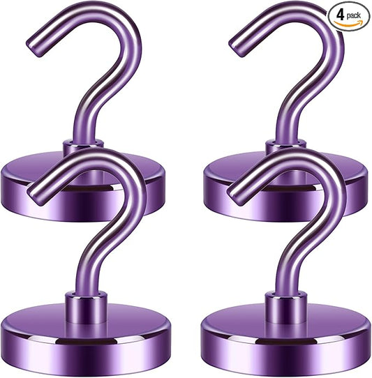 Neosmuk Magnetic Hooks Heavy Duty, Strong Magnet with Hook for Fridge, Super Neodymium Extra Strength Industrial Hooks for Hanging, Magnetic Hanger for Toolbox, Cruise, Grill(Purple,4 Pack)