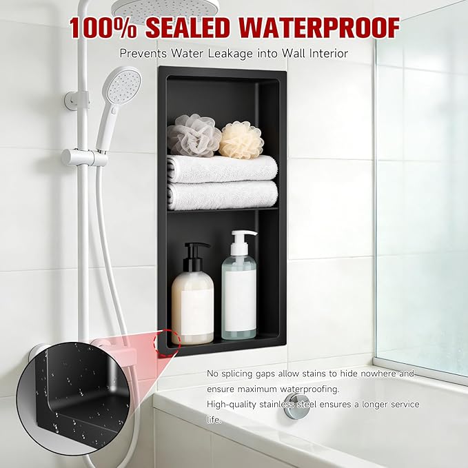 No Tile Needed Shower Niche 13"X 25", Bathroom Wall Niche Double Shelves, Stainless Steel Shower Niche for Bathroom, Kitchens, Balconies