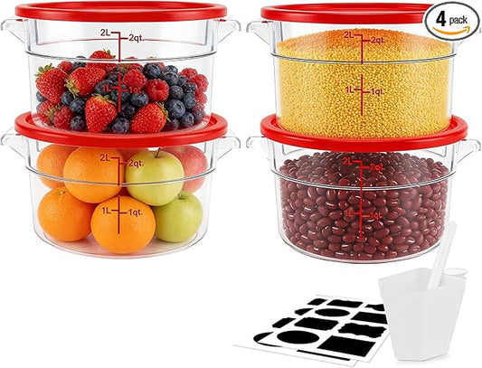 4-Pack Food Storage Containers with Lids,Round Plastic Containers for Kitchen, Food Grade, BPA-Free, Stackable, Clear Red Storage Buckets (Red, 2L)
