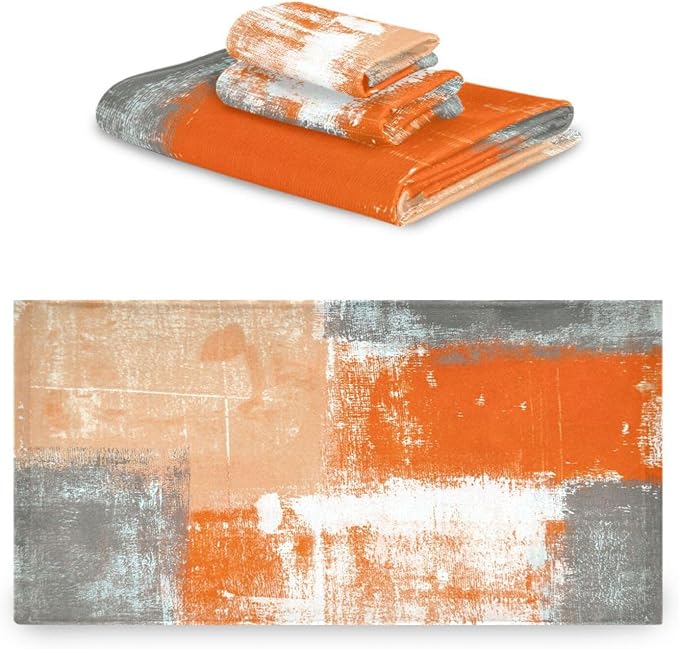Orange Gray Ombre Bath Towels Set, 3 Piece Grey White Abstract Towels Set (1 Bath Towel, 1 Hand Towel, 1 Washcloth), Absorbent Microfiber Decorative Bathroom Towels for Fingertip, Hair, Face