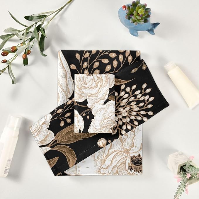 3 Piece Vintage Beige Peony Bath Towels Set,Microfiber Absorbent Gold Black Floral Leaves Rustic Towels for Bathroom,1 Bath Towel,1 Hand Towel,1 Washcloth,Decorative Guest Bathroom Towels