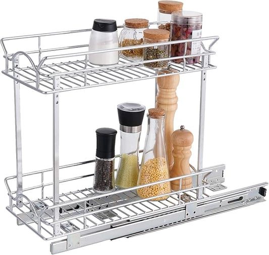 OCG Slide Out Cabinet Organizer for Narrow Cabinet (7" W X 17" D), 2 Tier Pull Out Shelves Slim Sliding Cabinet Organizer and Storage, Chrome