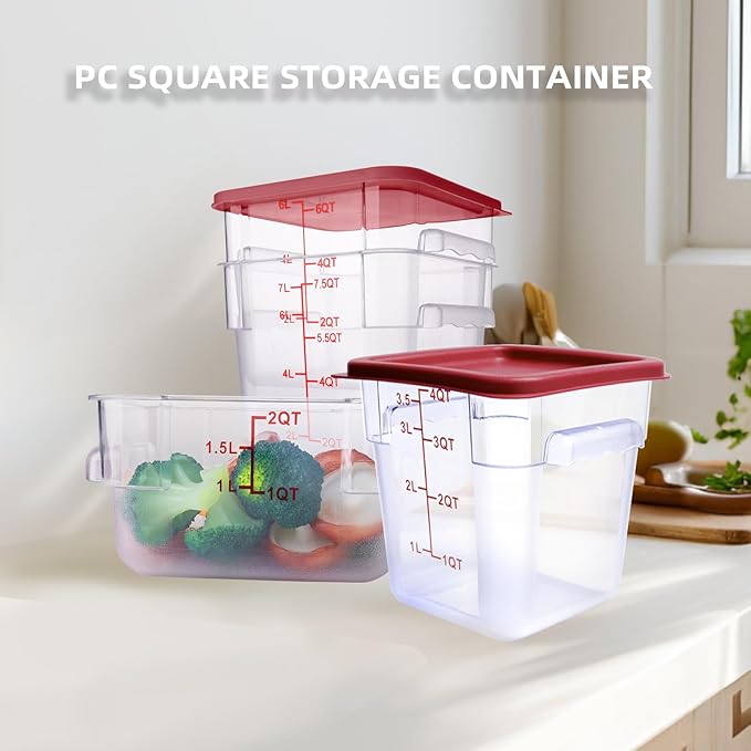 2 Pack RED Square Food Storage Container With Lid,Commercial Storage Box With Scale & Handle,Cake Making,Dough Marinating Meat,Kitchen Supplies (8 Quart)