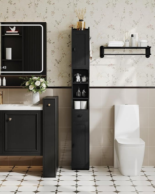 Bathroom Storage Cabinet, Narrow Tall Bathroom Cabinet, Freestanding Floor Cabinets with 2 Doors and 1 Drawer, Toilets Organizer with Adjustable Shelf, 1 Hook for Small Spaces, Black