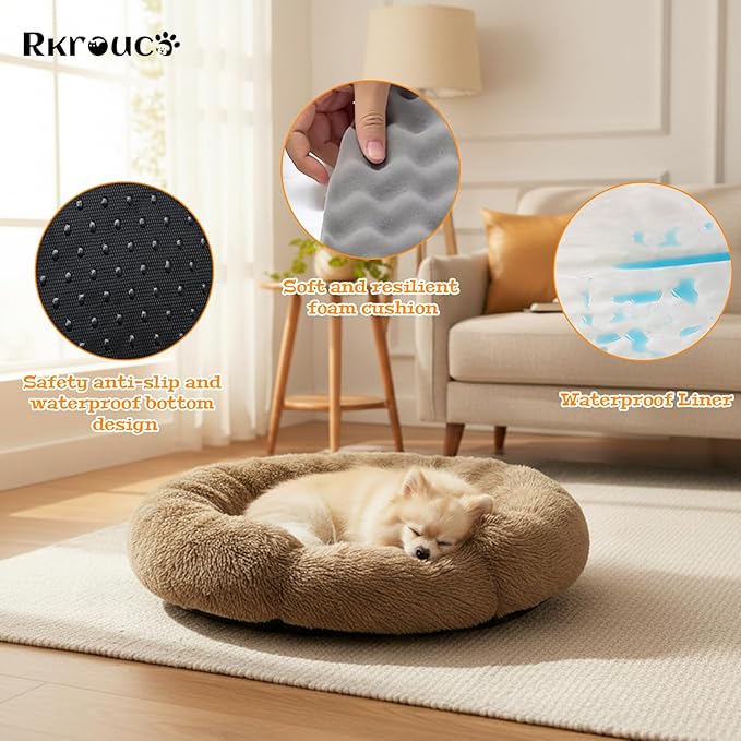 Fluffy Dog Bed Calming Donut Beds for Large Dogs Warming Round Small Medium Pet Nest Cozy Cat Mattress Indoor Washable Puppy Kennel Kittens Sleep Mat (XS, 20×20 inch, Light Brown)