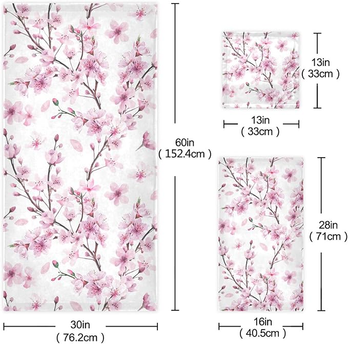 Cherry Blossoms Flowes Towels Set of 3 Watercolor Pink Floral Sakura Branch Bathroom Towel Soft Absorbent Bath Hand Towels Washcloth Guest Towel Sets Bathroom Decorations