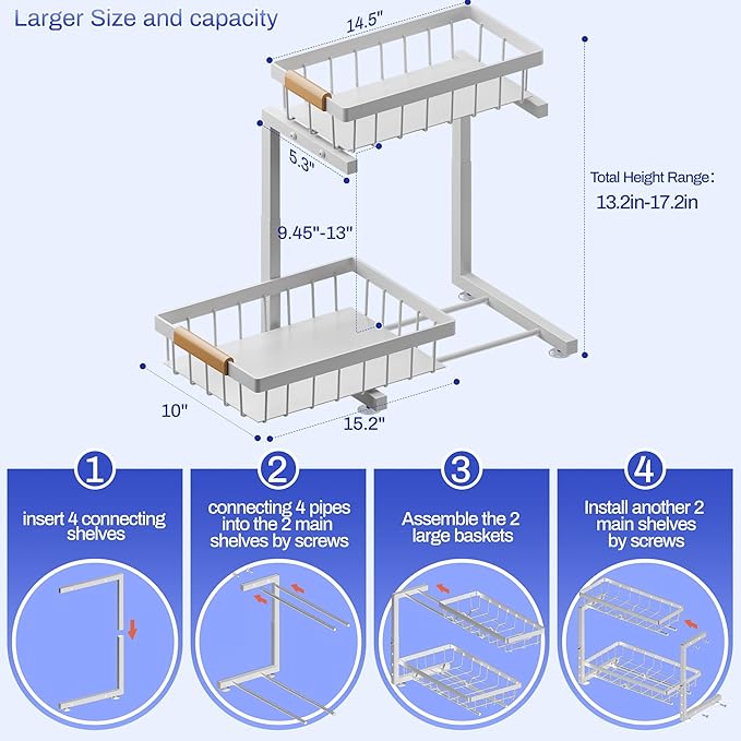 ADBIU Under Sink Organizer, 2 Pack 2 Tier Expandable Height (13.2" - 17.2") Pulling Out Kitchen Bathroom Cabinet Organizers (White, Large Size)