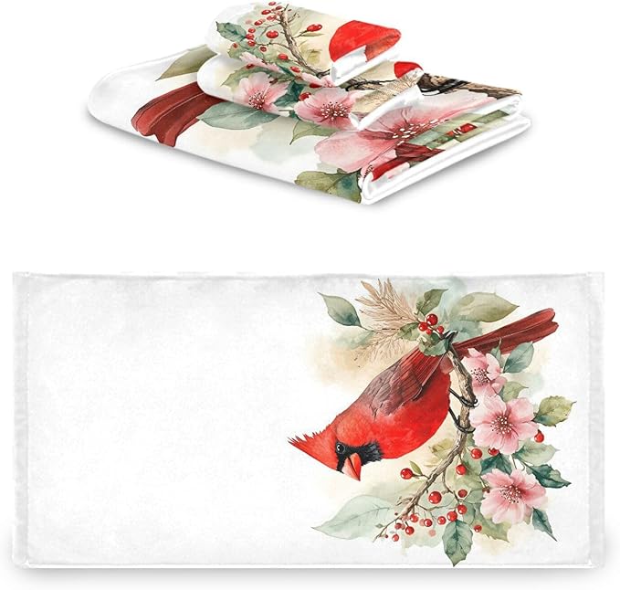Christmas Winter Towels Set of 3 Red Cardinal Bird on Beautiful Flowers Bathroom Towel Soft Absorbent Bath Hand Towels Washcloth Guest Towel Sets Xmas Holiday Decor