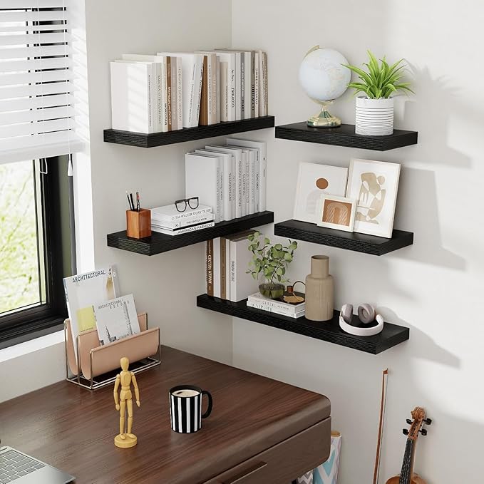 48 Inch Floating Shelves, 8 Inch Deep Floating Shelves for Wall, Hanging Shelf with Invisible Brackets, Deep Shelves for Bathroom, Bedroom, Living Room, Black, Set of 2