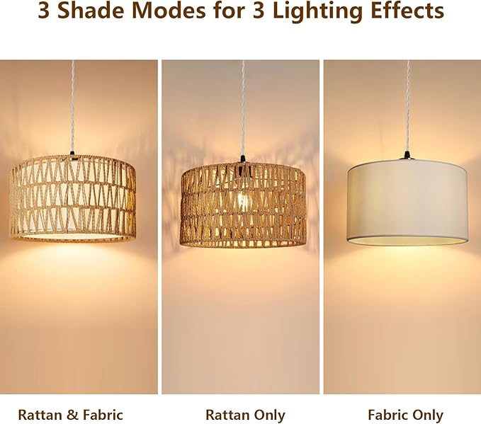 HuisMier Plug in Pendant Light Rattan Hanging Lamp 15 Ft Boho Hanging Lights with Rattan Woven & Fabric 2 in 1 Shade, Dimmable Plug in Pendant Light for Living Room Bedroom Dining Room