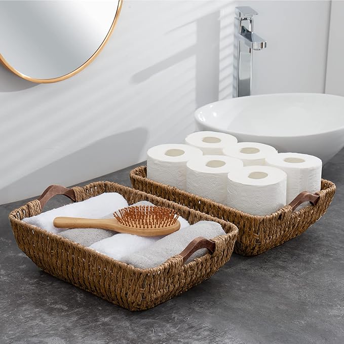 FairyHaus Hand-Woven Wicker Storage Basket with Natural Wooden Handles Set of 2, Recyclable & Renewable Paper Rope, 15x10x5 Wicker Baskets for Storage, Brown