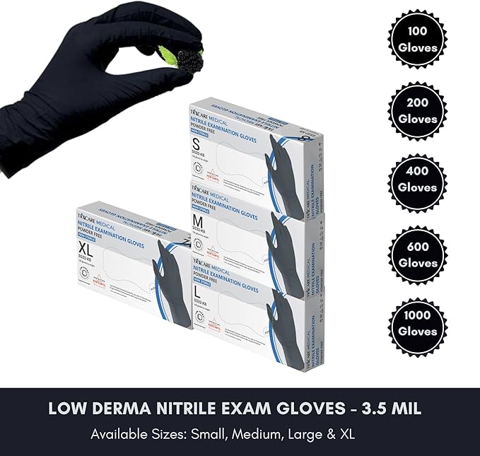Nitrile Exam Gloves, Low Derma, Chemo Drug Tested, Latex free, Powder free, Berry Black, 3.5 Mil, S/M/L/XL