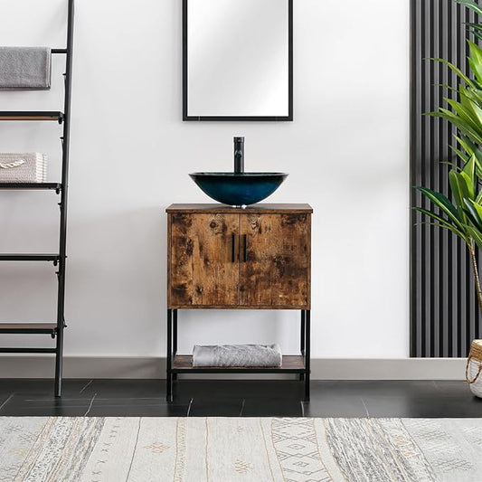 eclife 24" Bathroom Vanity Sink Combo Modern Metal Stand Cabinet W/Bottom Shelf Turquoise Square Vessel Sink & Water Save Faucet & Pop Up Drain, Rustic Brown (A10)