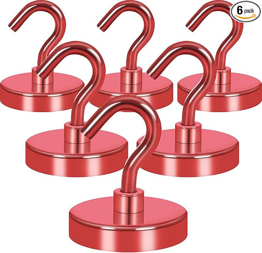 Neosmuk Magnetic Hooks Heavy Duty,Strong Magnet with Hook for Fridge, Super Neodymium Extra Strength Industrial Hooks for Hanging, Magnetic Hanger for Toolbox, Cruise, Grill(Red,6 Pack)