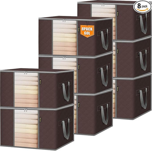 BALEINE 8 Pack Clothes Storage Bags, 16 Gallon Storage Containers with Reinforced Handle, Sturdy Zipper, Closet Organizer for Blanket, Comforter, Pillow, Bedding (Brown, 8 Pack)