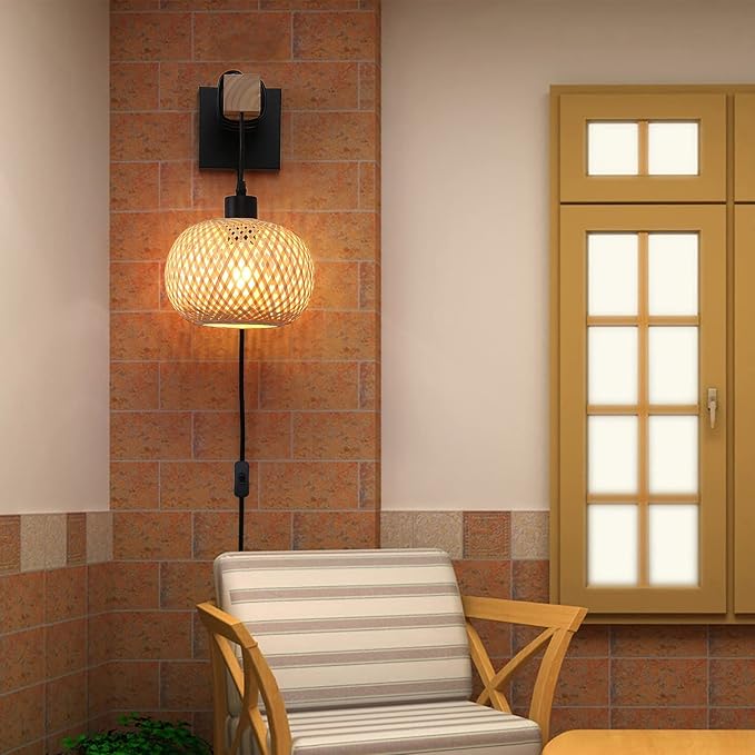 Farmhouse Plug in Wall Sconces Light Fixture for Bedroom, Living Room, Bamboo Rattan Lantern Lampshade Wood Beam Wall Mounting Hanging Lamp, Vintage Rustic Wall Decor(Without Bulbs)