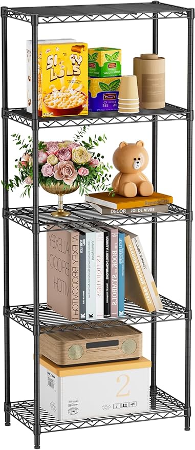5 Tier Adjustable Storage Shelves Heavy Duty Metal Utility Shelf 500LBS Capacity Wire Shelving Unit Organizer Rack for Home Kitchen Office Bathroom Pantry Room 12" D x 22" W x 59" H Black