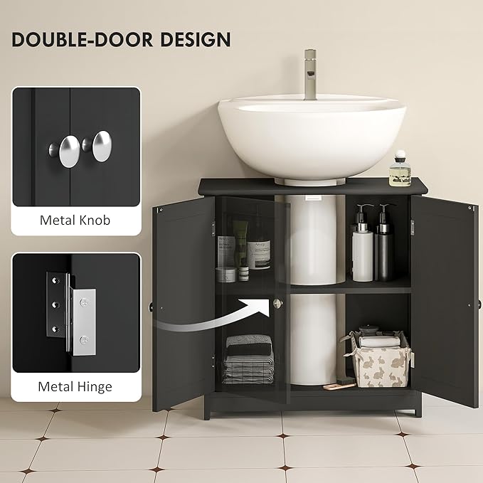 kleankin 23.5" Pedestal Sink Storage Cabinet, Freestanding Bathroom Under Sink Cabinet with U-Shape Cut-Out and Adjustable Shelf, Black
