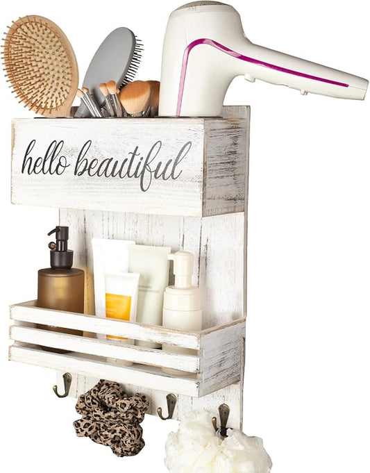 Wooden Hair Dryer Holder Wall-Mounted - 2 Tier Bathroom Storage Shelf Cosmetic & Hairdressing Tools Organizer for Bathroom Countertop/Vanity (White)
