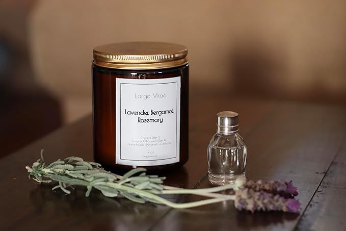 Lavender, Bergamot, Rosemary Coconut Wax Candle Non Toxic Aromatherapy Candle with Essential & Prime Rated Natural Fragrance Oils, Clean Burning Amber Jar Candle, 7 oz Small Batch