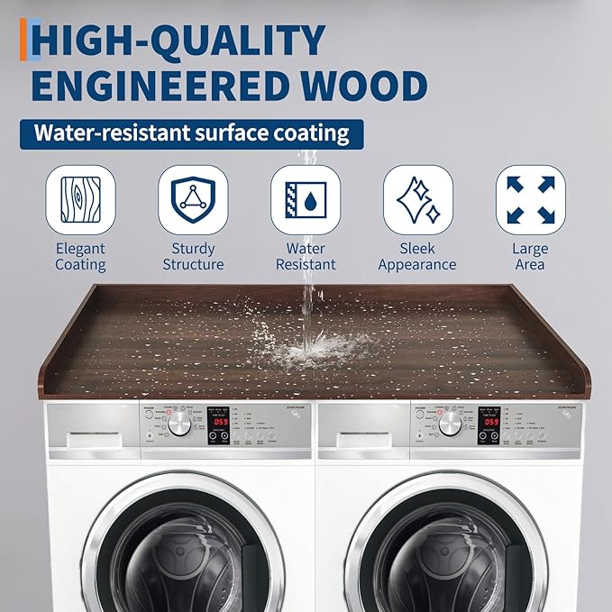 Washer Dryer Countertop with 2.75" h Edge Rails, 54" w x 27.55" d Wooden Laundry Countertop with Non-Slip Pads, Water-Resistant Washer and Dryer Topper for Laundry Room Organization and Storage