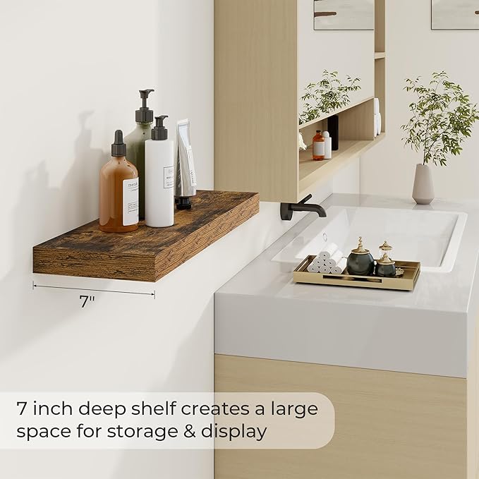 Dreamland 24 Inches Floating Shelves for Wall,6.7 Inch Deep Floating Shelves Set of 2, Large Display & Storage Shelf, Wall Shelf for Bathroom Bedroom Living Room Kitchen Office,Rustic Brown
